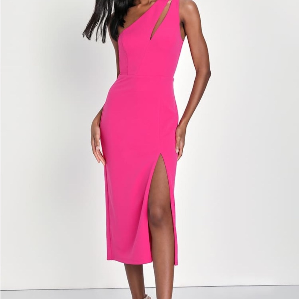 Lulus Cocktail Club Hot Pink One-Shoulder Midi Dress | Medium